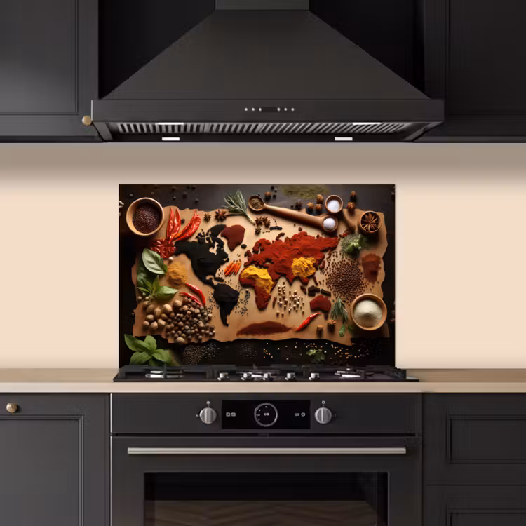 Spatscherm keuken - Wereldkaart van Kruiden — 2