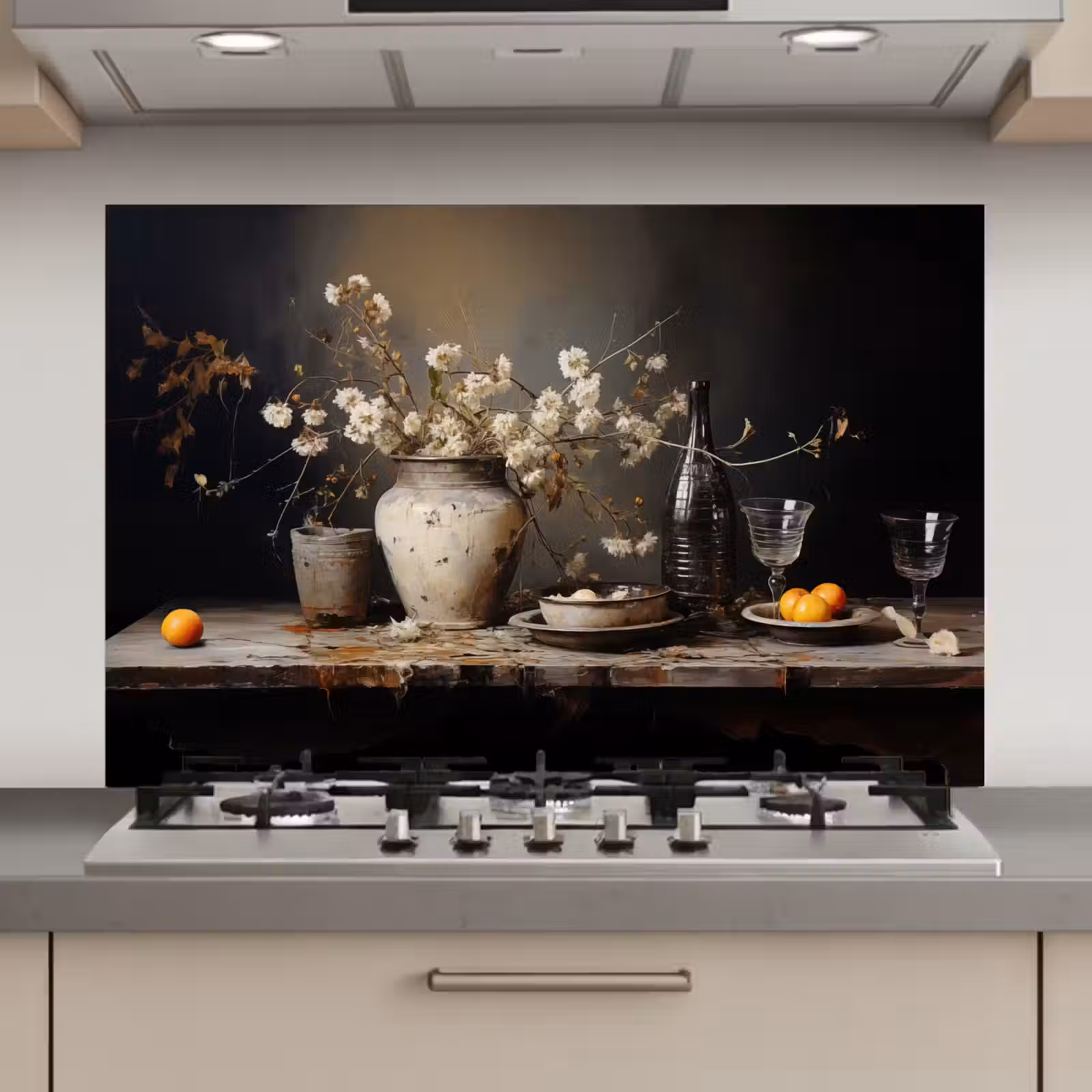 Spatscherm keuken - Stilleven - Bloemen - Boeket - Vaas - Wijn — 1