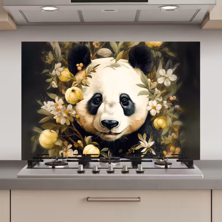 Spatscherm keuken - Panda - Pandabeer - Wilde dieren - Natuur - Bloemen — 1
