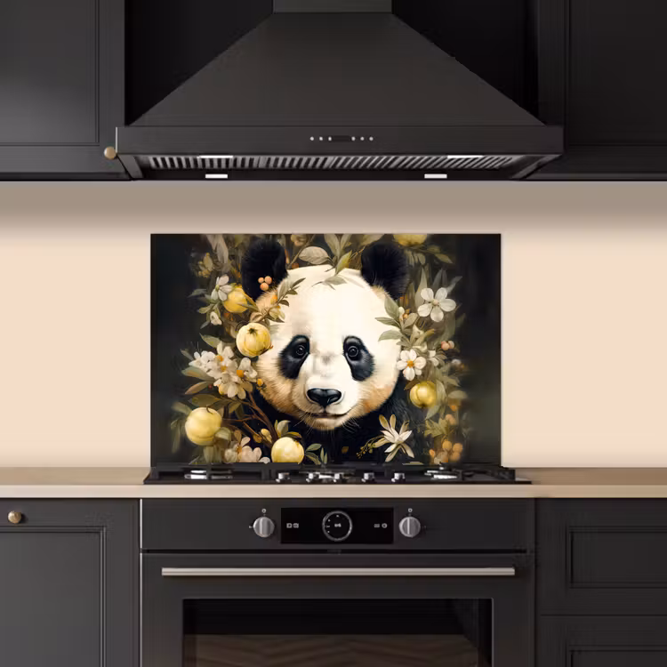 Spatscherm keuken - Panda - Pandabeer - Wilde dieren - Natuur - Bloemen — 2