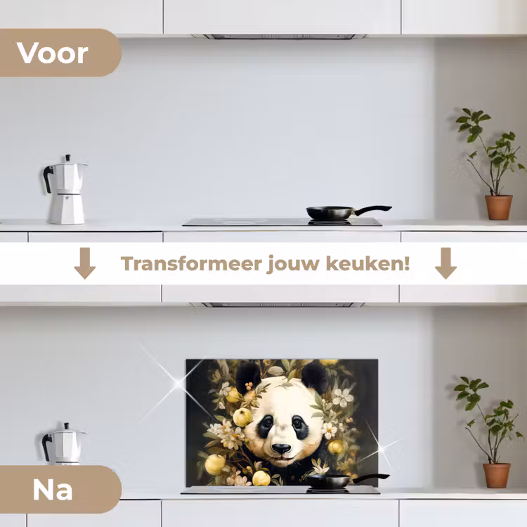 Spatscherm keuken - Panda - Pandabeer - Wilde dieren - Natuur - Bloemen — 3