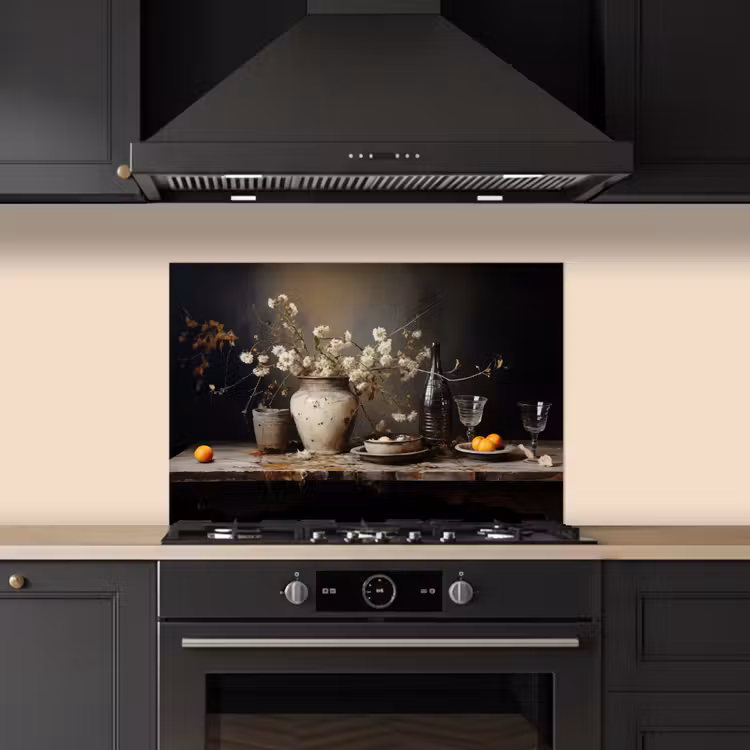 Spatscherm keuken - Stilleven - Bloemen - Boeket - Vaas - Wijn — 2