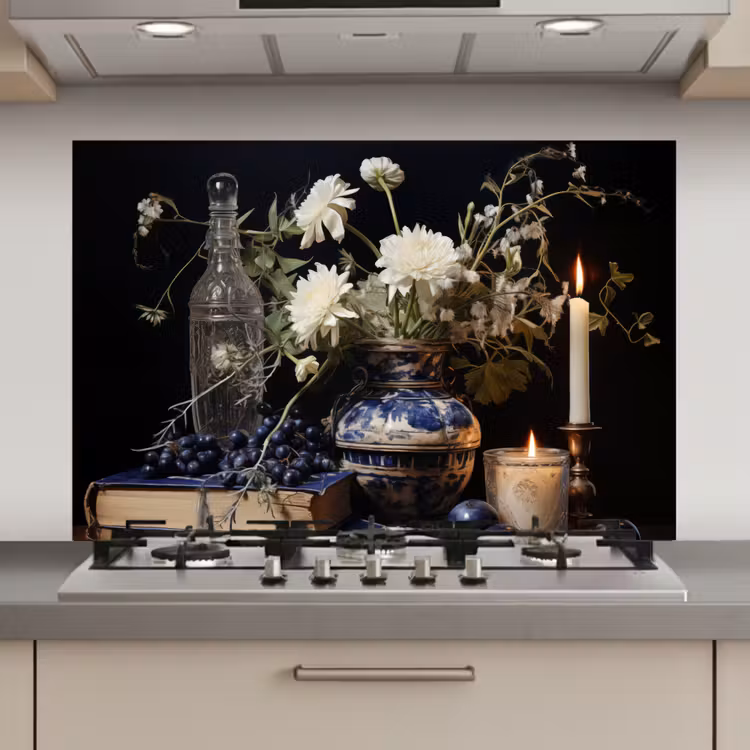 Spatscherm keuken - Stilleven - Bloemen - Kaarsen - Delfts blauw - Wit — 1