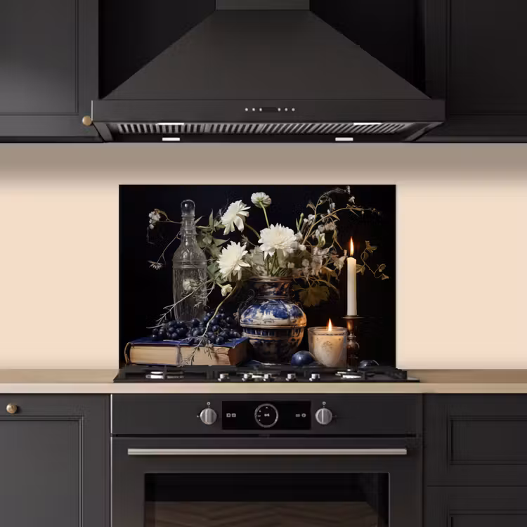 Spatscherm keuken - Stilleven - Bloemen - Kaarsen - Delfts blauw - Wit — 2