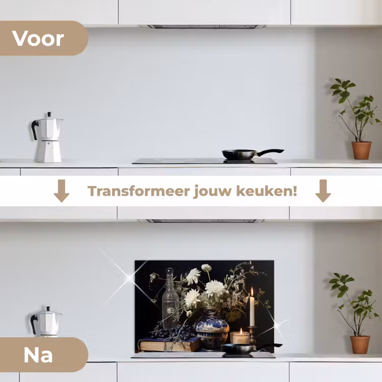 Spatscherm keuken - Stilleven - Bloemen - Kaarsen - Delfts blauw - Wit — 3