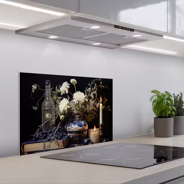 Spatscherm keuken - Stilleven - Bloemen - Kaarsen - Delfts blauw - Wit — 5