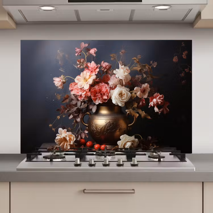 Spatscherm keuken - Stilleven - Bloemen - Rozen - Boeket - Vaas — 1