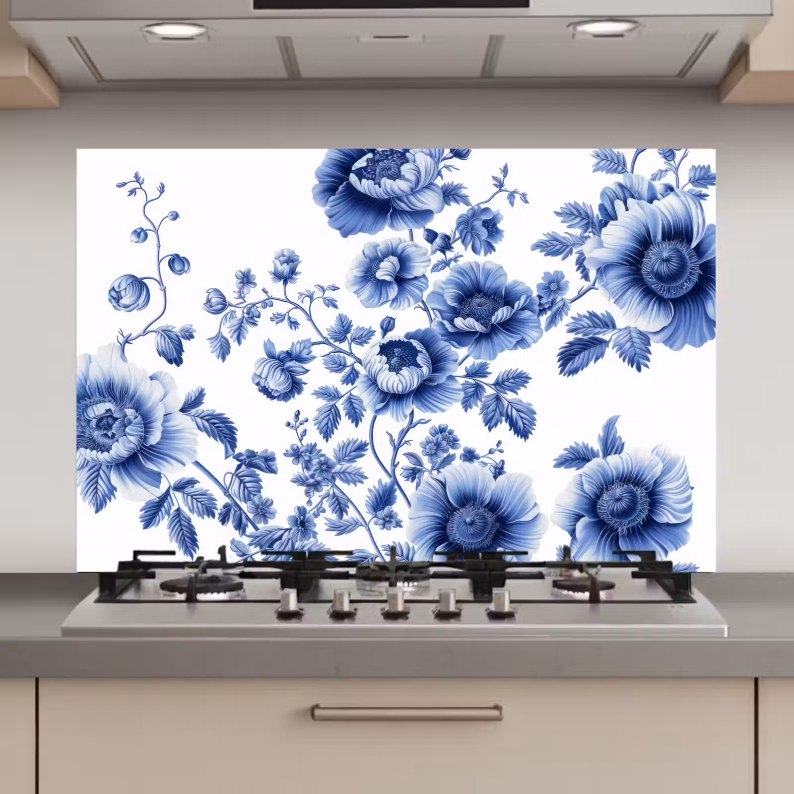 Spatscherm keuken - Bloemen - Delfts blauw - Kunst - Wit — 1