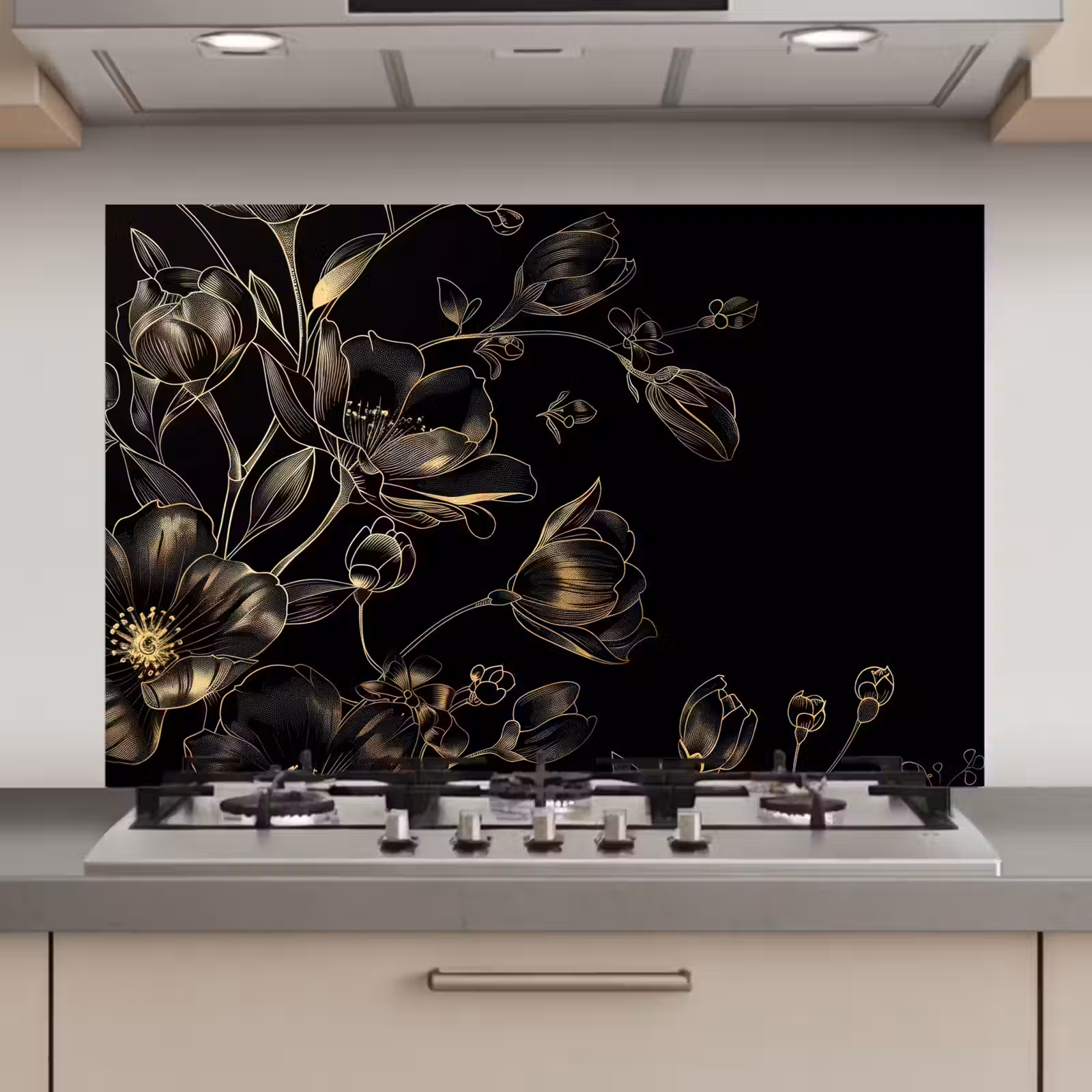 Spatscherm keuken - Bloemen - Kunst - Goud - Zwart — 1