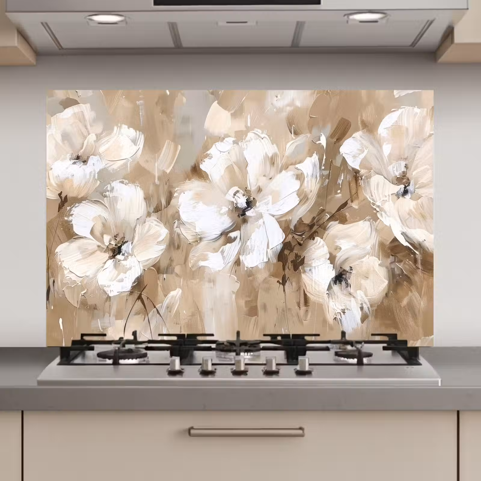 Spatscherm keuken - Bloemen - Waterverf - Beige - Kunst — 1