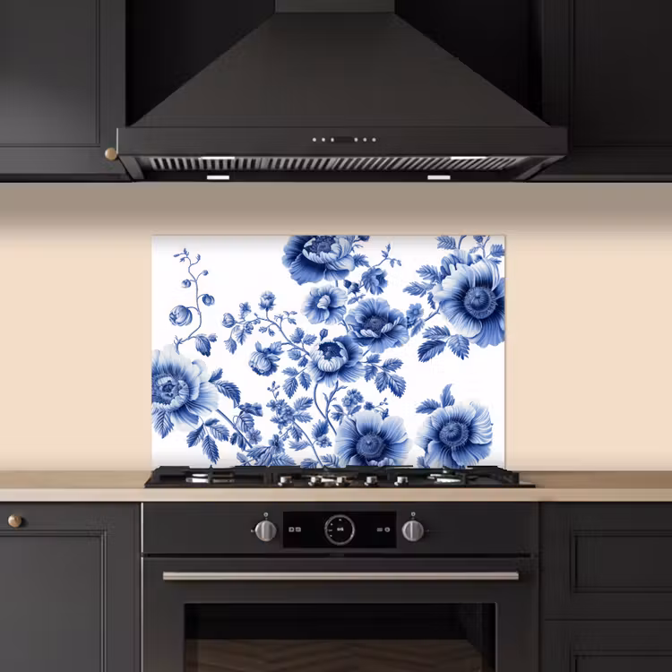 Spatscherm keuken - Bloemen - Delfts blauw - Kunst - Wit — 2