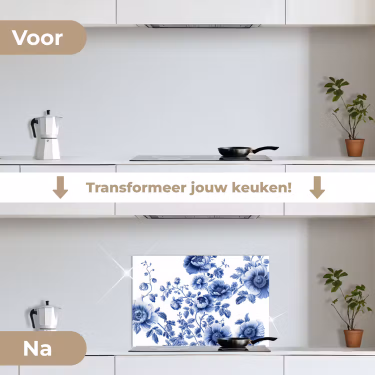 Spatscherm keuken - Bloemen - Delfts blauw - Kunst - Wit — 3