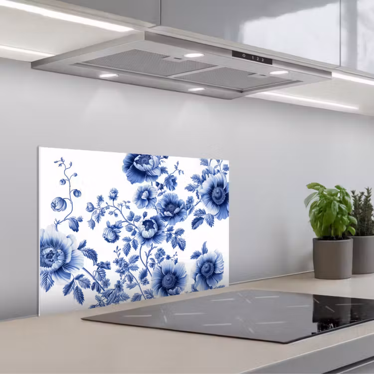 Spatscherm keuken - Bloemen - Delfts blauw - Kunst - Wit — 5