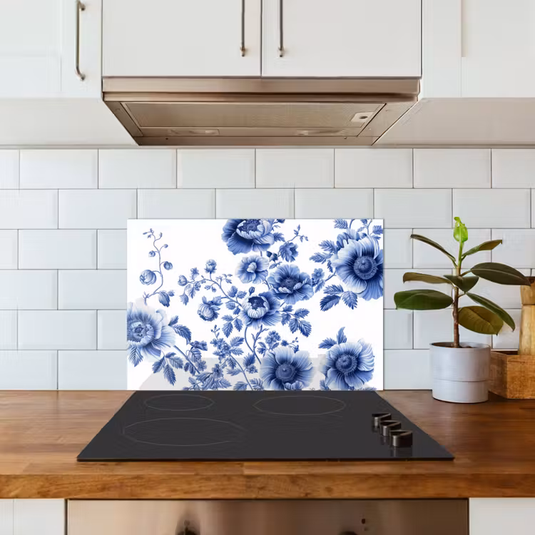 Spatscherm keuken - Bloemen - Delfts blauw - Kunst - Wit — 6