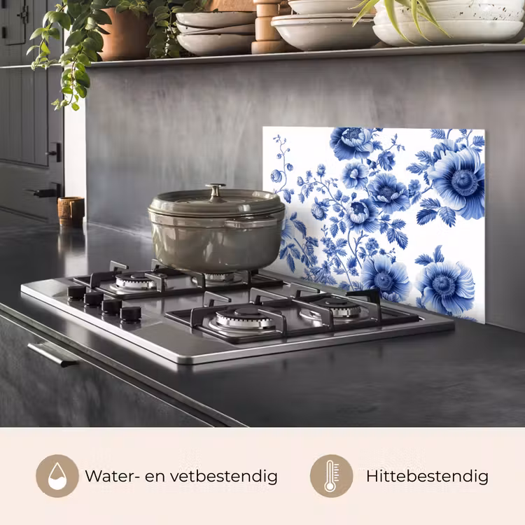 Spatscherm keuken - Bloemen - Delfts blauw - Kunst - Wit — 7