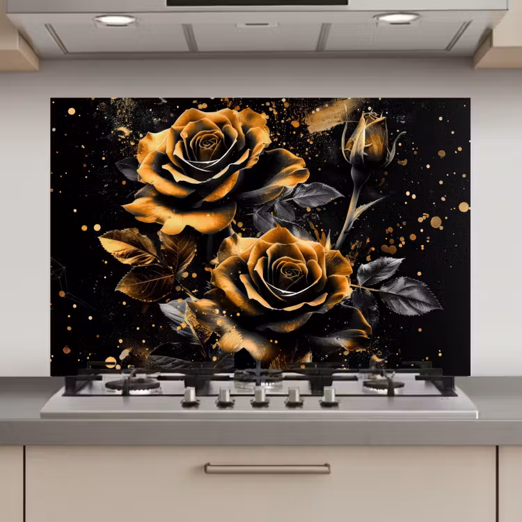Spatscherm keuken - Bloemen - Goud - Zwart - Kunst — 1