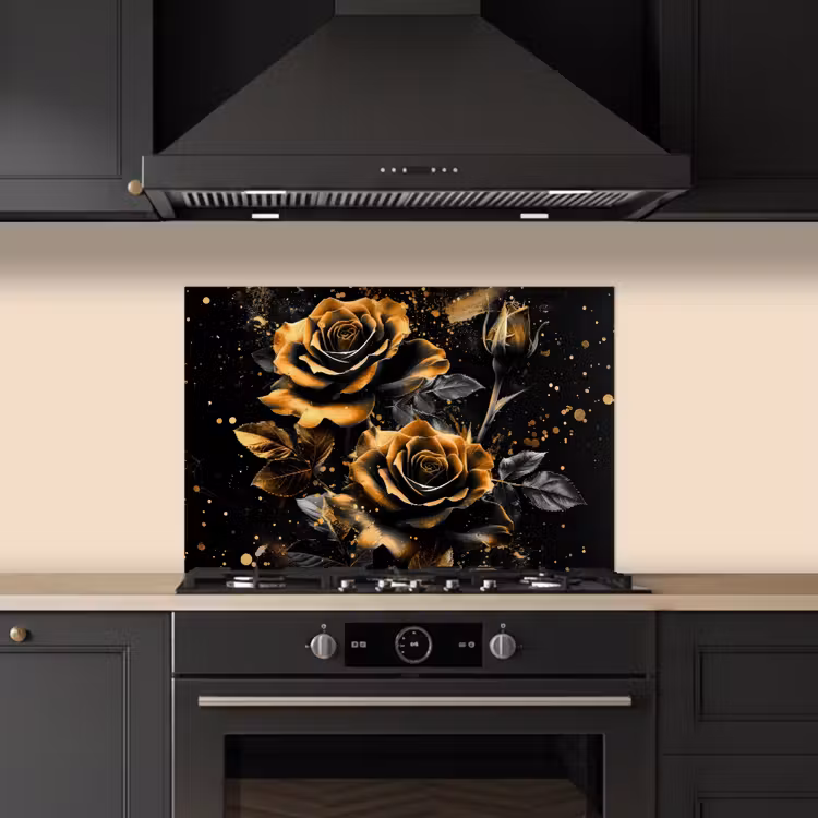 Spatscherm keuken - Bloemen - Goud - Zwart - Kunst — 2