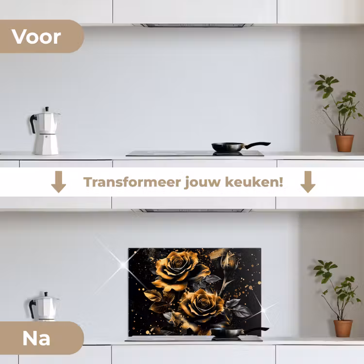 Spatscherm keuken - Bloemen - Goud - Zwart - Kunst — 3
