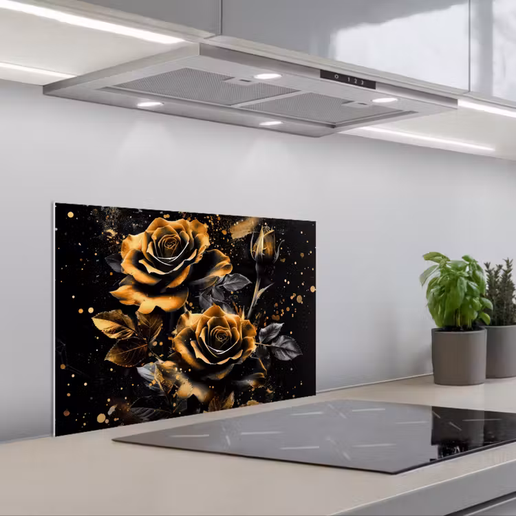 Spatscherm keuken - Bloemen - Goud - Zwart - Kunst — 5