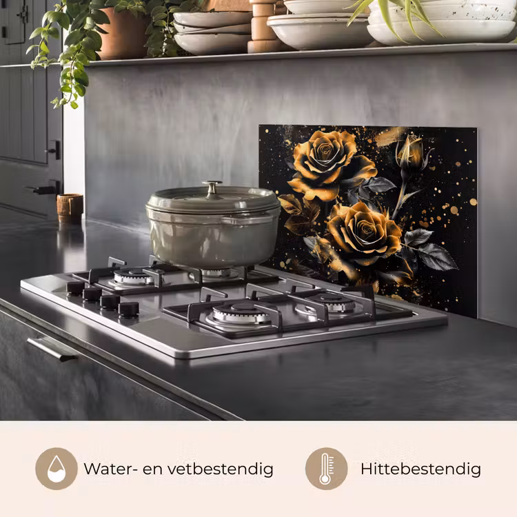 Spatscherm keuken - Bloemen - Goud - Zwart - Kunst — 7