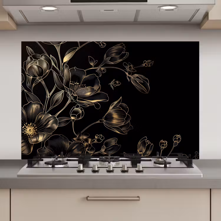 Spatscherm keuken - Bloemen - Kunst - Goud - Zwart — 1