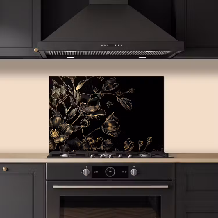 Spatscherm keuken - Bloemen - Kunst - Goud - Zwart — 2