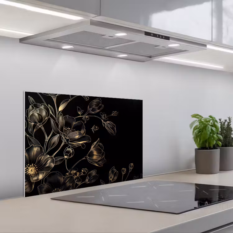 Spatscherm keuken - Bloemen - Kunst - Goud - Zwart — 5