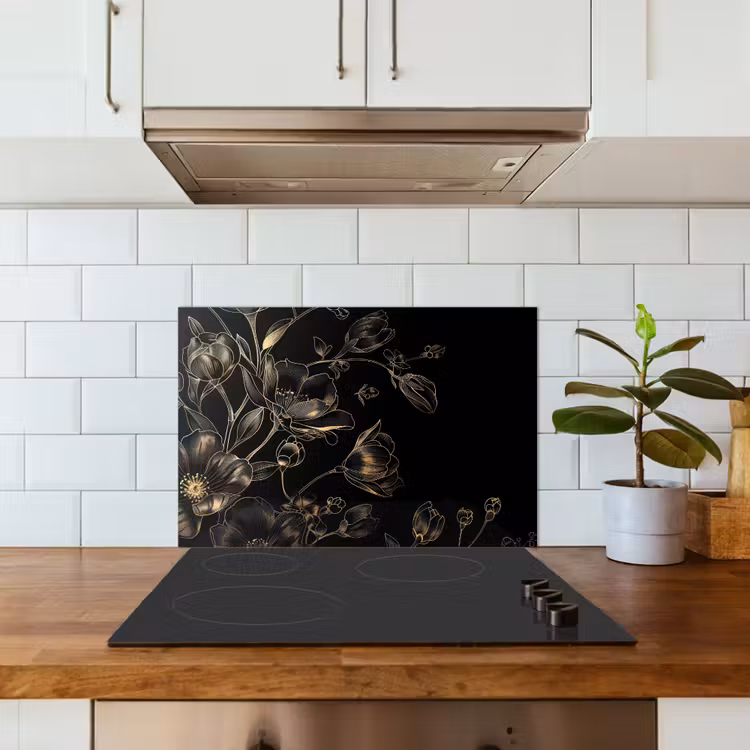 Spatscherm keuken - Bloemen - Kunst - Goud - Zwart — 6