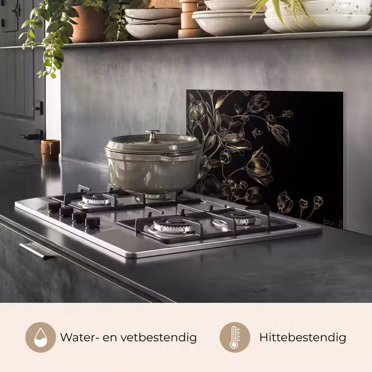 Spatscherm keuken - Bloemen - Kunst - Goud - Zwart — 7