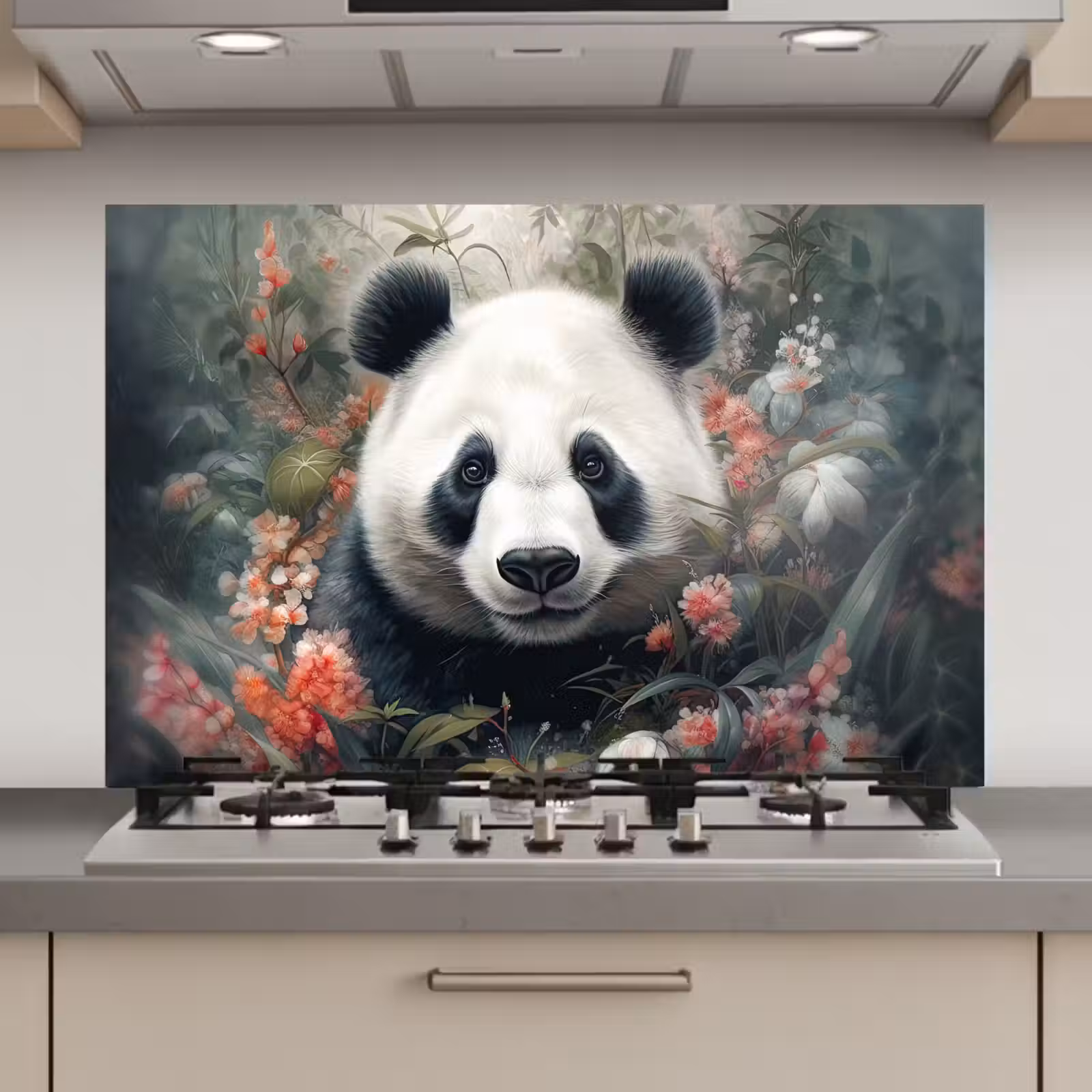 Spatscherm keuken - Panda - Wilde dieren - Bloemen - Natuur — 1