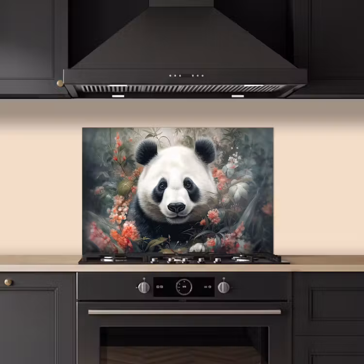 Spatscherm keuken - Panda - Wilde dieren - Bloemen - Natuur — 2