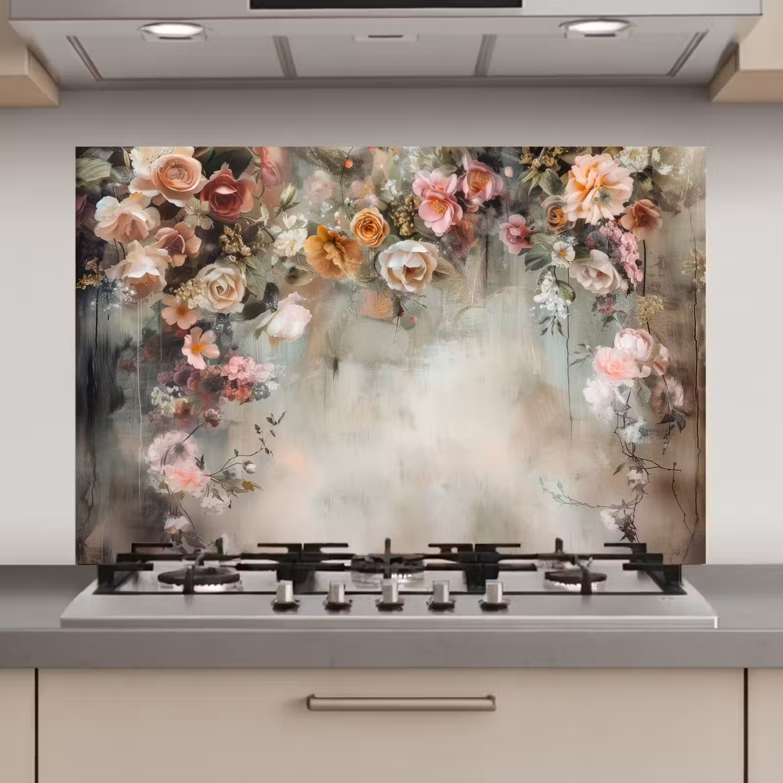 Spatscherm keuken - Bloemen - Beton - Rozen - Grijs — 1