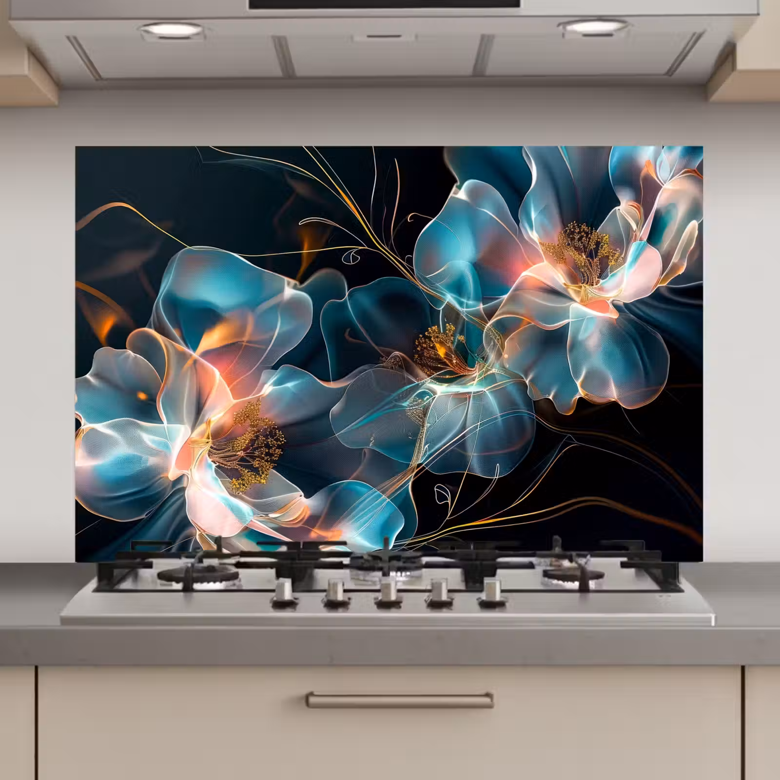 Spatscherm keuken - Bloemen - Zwart - Licht - Flora — 1