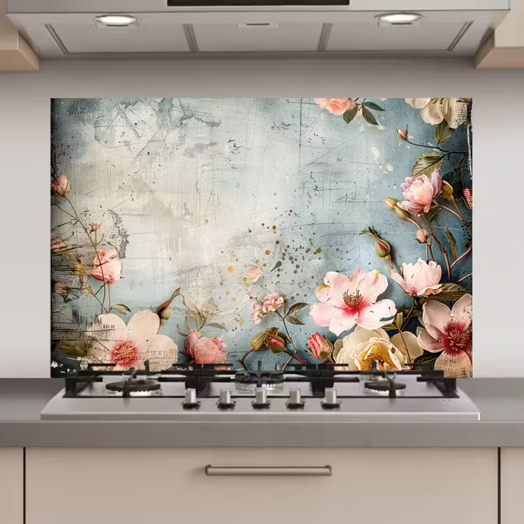 Spatscherm keuken - Bloemen - Beton - Grijs - Natuur — 1