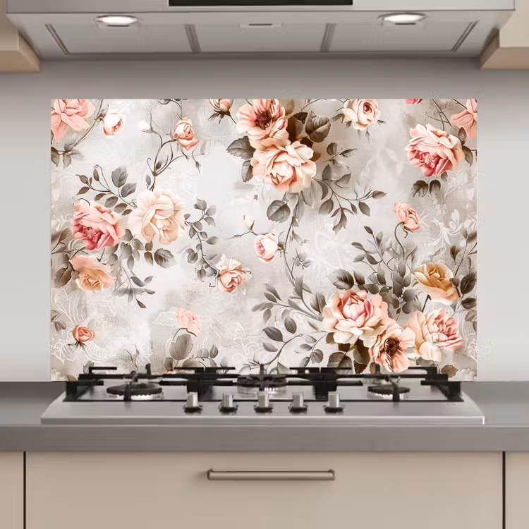 Spatscherm keuken - Bloemen - Beton - Planten - Roze — 1