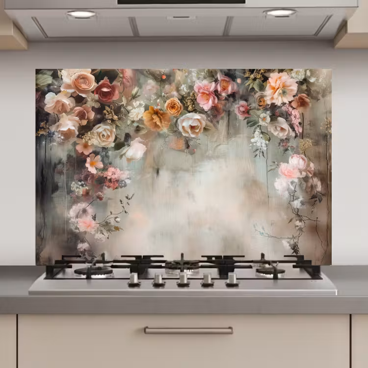 Spatscherm keuken - Bloemen - Beton - Rozen - Grijs — 1