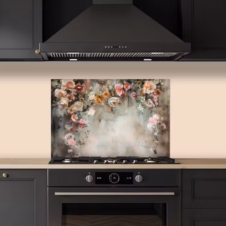 Spatscherm keuken - Bloemen - Beton - Rozen - Grijs — 2