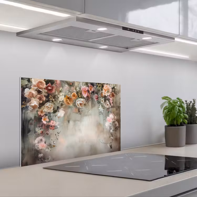 Spatscherm keuken - Bloemen - Beton - Rozen - Grijs — 5