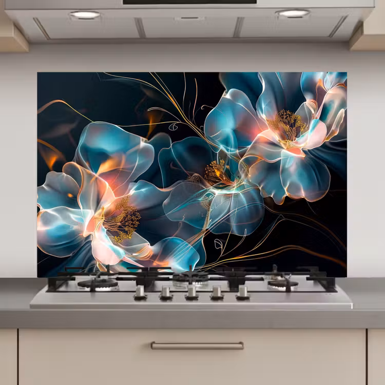 Spatscherm keuken - Bloemen - Zwart - Licht - Flora — 1