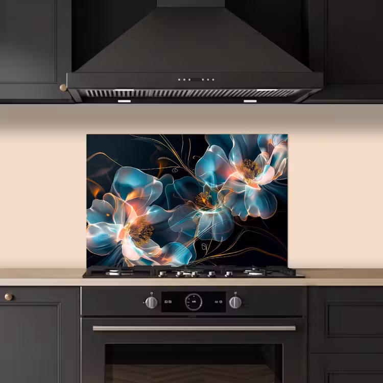 Spatscherm keuken - Bloemen - Zwart - Licht - Flora — 2