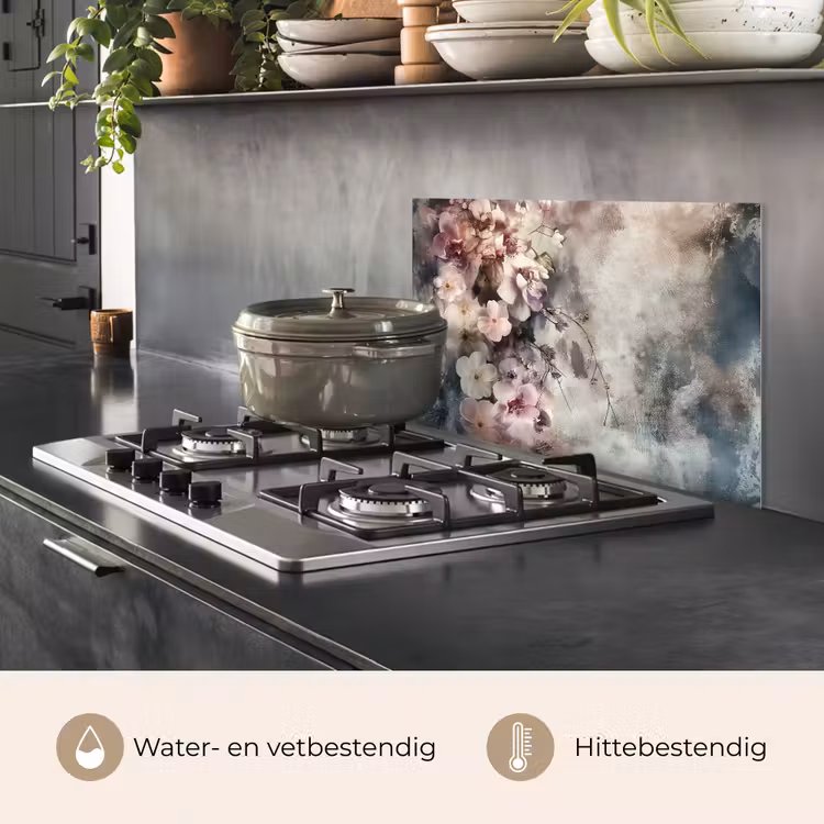 Spatscherm keuken - Bloemen - Beton - Grijs - Flora — 7