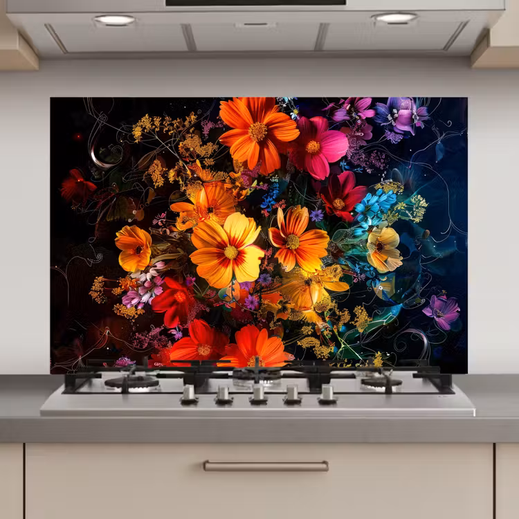 Spatscherm keuken - Bloemen - Kleurrijk - Zwart — 1