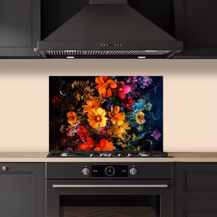 Spatscherm keuken - Bloemen - Kleurrijk - Zwart — 2