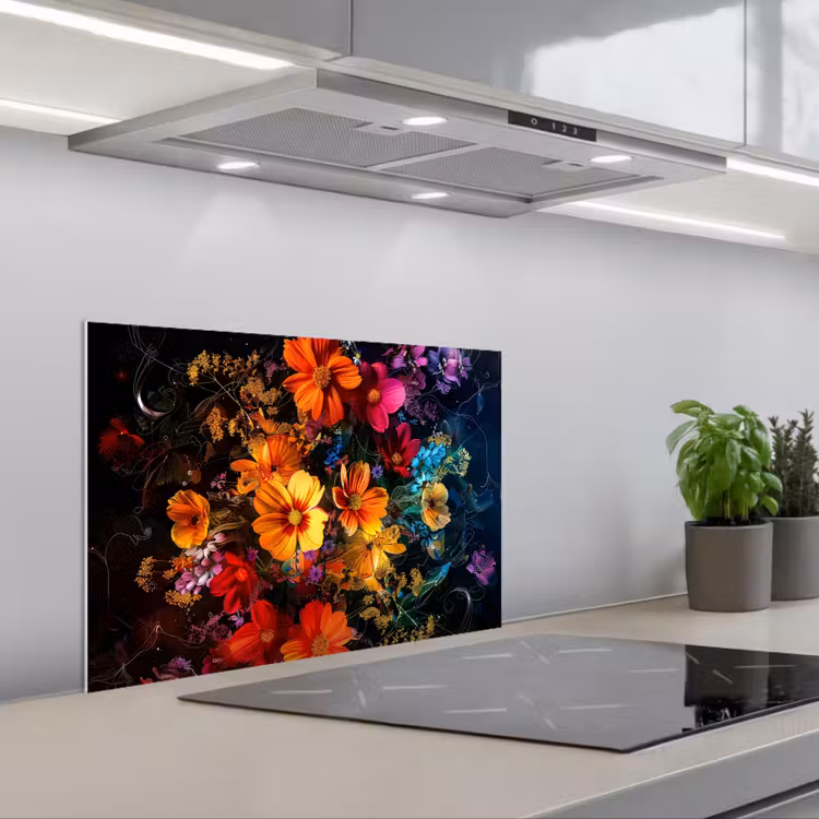 Spatscherm keuken - Bloemen - Kleurrijk - Zwart — 5