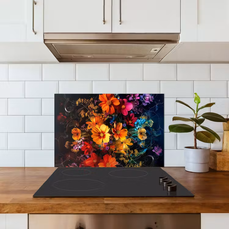 Spatscherm keuken - Bloemen - Kleurrijk - Zwart — 6