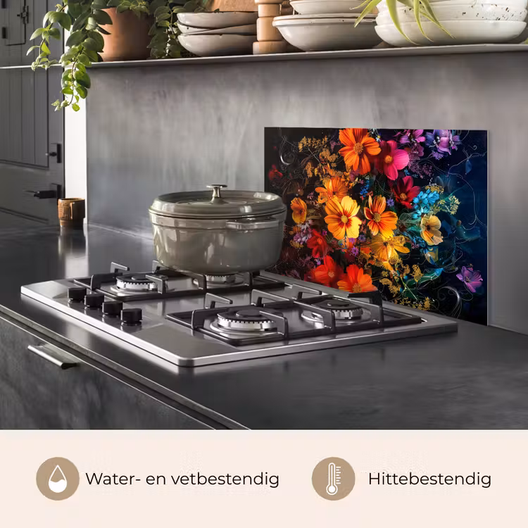 Spatscherm keuken - Bloemen - Kleurrijk - Zwart — 7