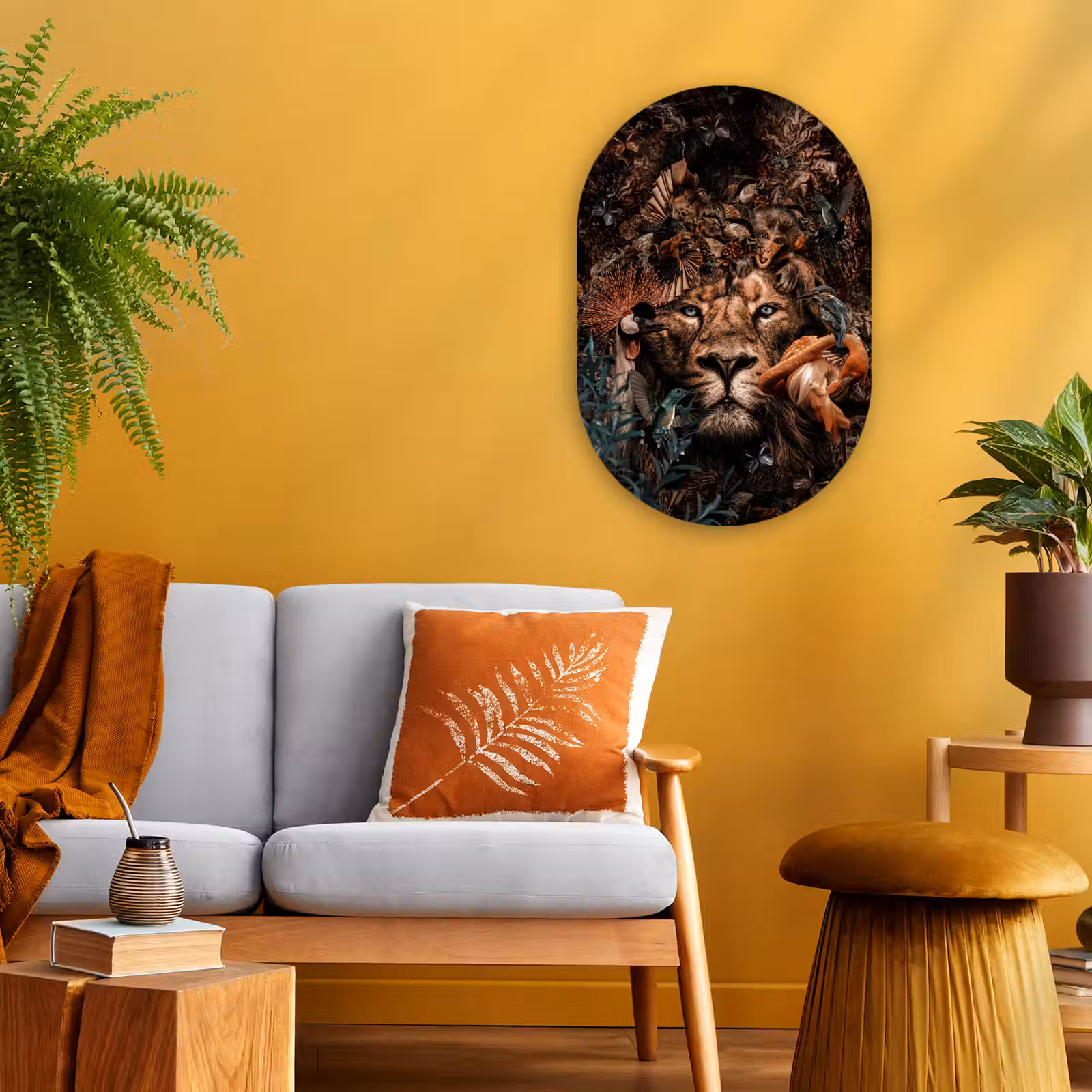 Muurovaal - Dieren - Luxe - Collage - Leeuw - Aap - Vogels — 1