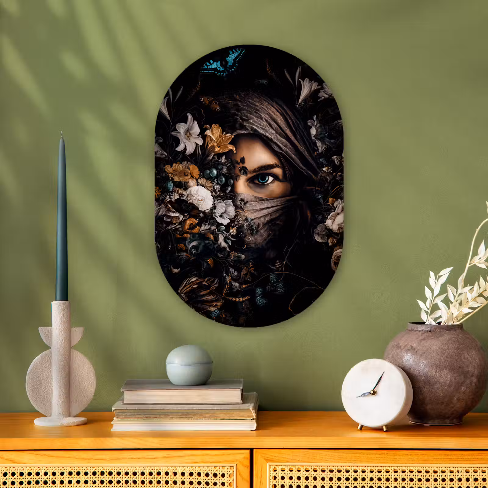 Muurovaal - Vrouw - Luxe - Bloemen - Vlinder - Portret — 1