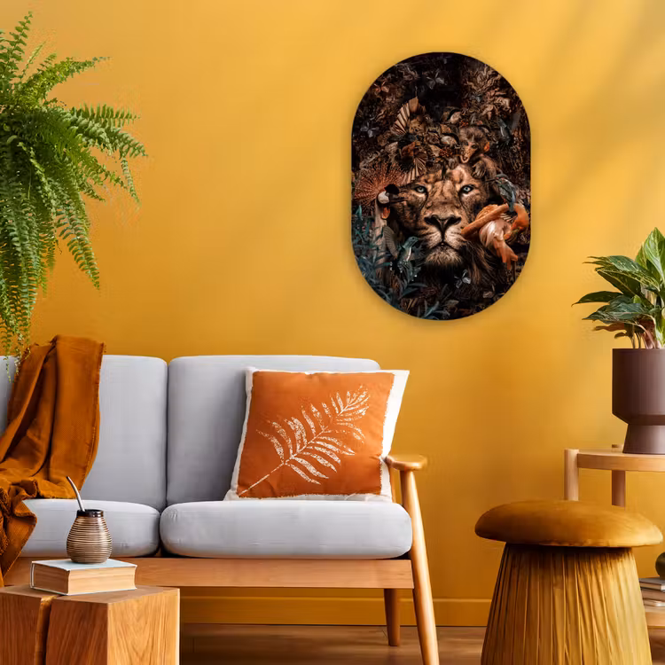 Muurovaal - Dieren - Luxe - Collage - Leeuw - Aap - Vogels — 1