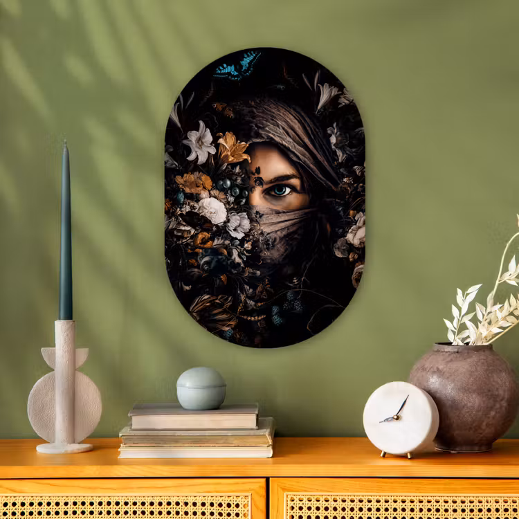 Muurovaal - Vrouw - Luxe - Bloemen - Vlinder - Portret — 1